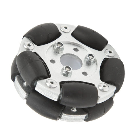 Robot omni wheel, 60mm, aluminium alloy hub with six black rollers for 360-degree rotation.