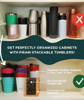 View of various 16 Oz Triple Vacuum Insulated Stackable Tumblers With Leak Proof Screw Top Lid in a cabinet, showcasing organization.