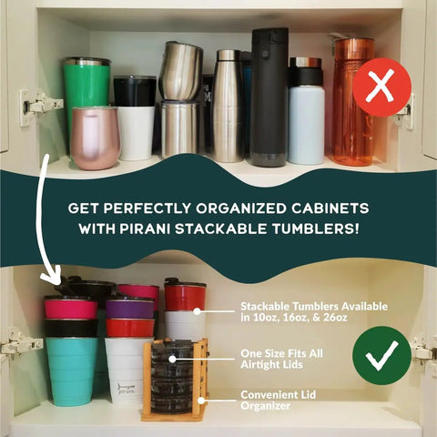 View of various 16 Oz Triple Vacuum Insulated Stackable Tumblers With Leak Proof Screw Top Lid in a cabinet, showcasing organization.
