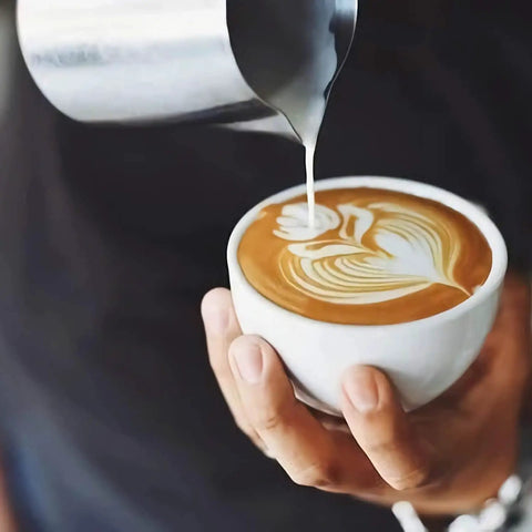 Milk Frothing Pitcher 12oz 350ml Stainless Steel 304 Barista Quality Espresso Steamer Cup pouring latte art