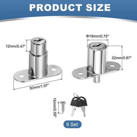 Heavy Duty Push Plunger Locks Loaded With Keys And Hardware For Cabinetry Drawers And Shed Doors Brushed Steel Finish showing dimensions and keys.