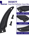 Heavy Duty DCS577 Dust Port Reflector Cover Block Compatible With DeWalt Job Site Saw showing high-strength black plastic design and screws.