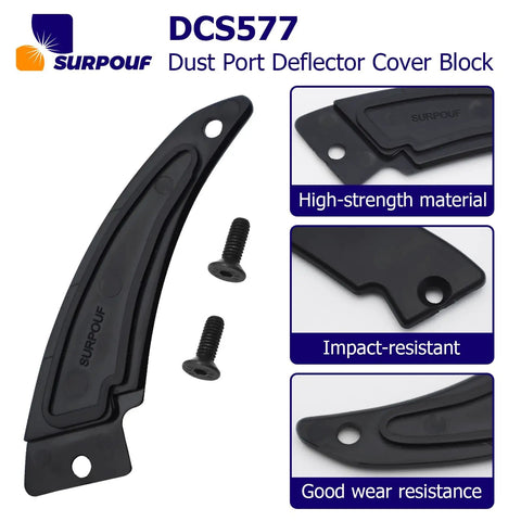 Heavy Duty DCS577 Dust Port Reflector Cover Block Compatible With DeWalt Job Site Saw showing high-strength black plastic design and screws.