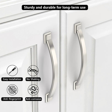 10 Pack Brushed Satin Nickel Cabinet Pulls With 4 Inch Hole Centers Arch Style Handles installed on white cabinet doors.