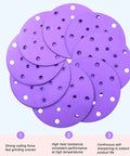 Get Ready For A Slick Finish With These 100 Super Smooth Six Inch Sanding Discs Using Grits From 80 To 600 That Hook And Loop Perfectly For Both Wet Or Dry Jobs On Wood Metal Or Drywall Without Any Mess. Purple sanding discs with dust holes.