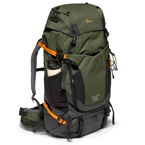 Front view of green PhotoSport Pro 55L AW IV Camera Backpack For Mirrorless And DSLR Gear with all-weather protection and padded compartments.