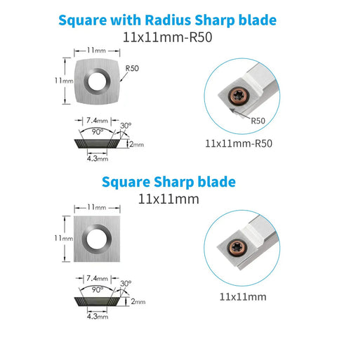 Fifteen Pcs Tungsten Carbide Cutters Inserts Set For Wood Lathe Turning Tools With Five Shapes Including 11 By 11mm Square Radius R50 diagram.