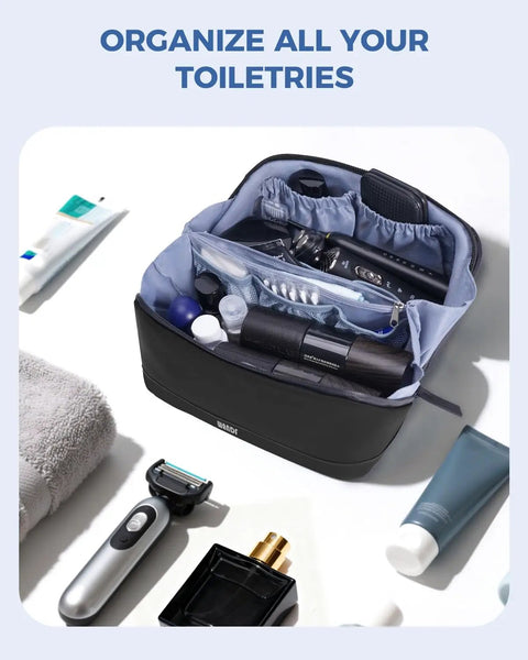 Men's Dopp Kit Toiletry Bag With PU Leather Travel Organizer Featuring Detachable Waterproof Hanging Pouch Open Flat