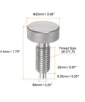 Four Pack Stainless Steel Spring Plunger Pins M12x1.75 Retractable Locating Pin with dimensions and details displayed.