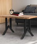 19 Inch Heavy Duty Metal Table Legs Set Of 2 For Industrial Style Coffee Tables And Desks With Adjustable Feet Pads, shown supporting a wooden table.