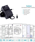 UL Listed 12V 3A Power Supply Charger Adapter 100 240V AC Input To DC 12V 36W All Purpose Universal Switching Transformer Converter With 5.5 x 2.1 mm And 5.5 x 2.5 mm Plugs High Efficiency Low Noise Overload And Short Circuit Protection. black AC-DC adapter with plug tips and certification documents