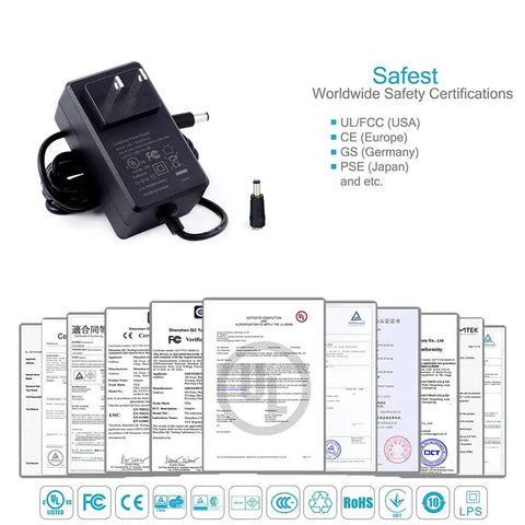 UL Listed 12V 3A Power Supply Charger Adapter 100 240V AC Input To DC 12V 36W All Purpose Universal Switching Transformer Converter With 5.5 x 2.1 mm And 5.5 x 2.5 mm Plugs High Efficiency Low Noise Overload And Short Circuit Protection. black AC-DC adapter with plug tips and certification documents