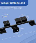 Built Like A Tank Black Six Leaf Friction Hinge Assembly For RV Camper And Entry Doors Wind Resistant Anti Slam Screen Door Replacement Kit dimensions displayed on a blue background.