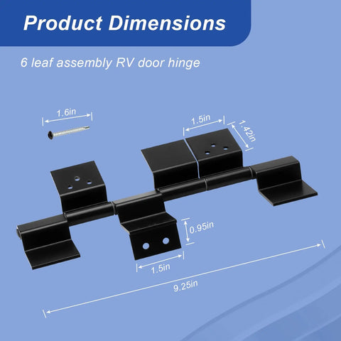 Built Like A Tank Black Six Leaf Friction Hinge Assembly For RV Camper And Entry Doors Wind Resistant Anti Slam Screen Door Replacement Kit dimensions displayed on a blue background.