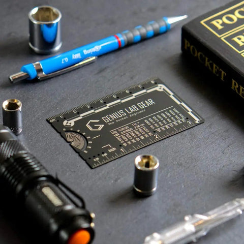 Pocket Engineer Mini Tool Set Metal Ruler Protractor Compass 3 Inch Metric and Imperial Scale Card Sized Engineering Multitool on desk
