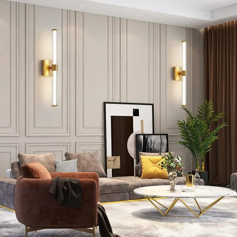 Living room with Golden Vanity Light Fixture Over Mirror 360 Degree LED Bath Bar 22 Inch, brushed gold and glass accents.