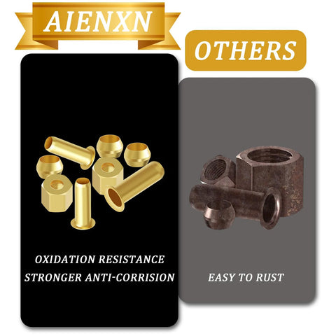 Front view of Aienxn 50pcs 1/4in brass compression fittings kit with inserts, sleeves, ferrules, nuts