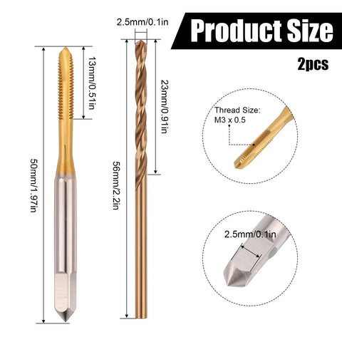 Drill And Tap Combo Set For Metalworking M3 0.5 Spiral Point Thread Tap And 2.5mm Drill Bit with size measurements