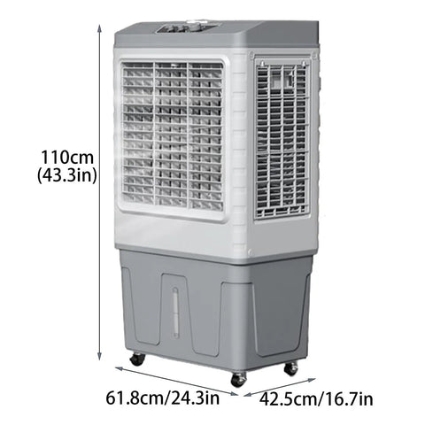 Portable Evaporative Air Cooler With Four Freezing Ice Packs And Spacious Water Tank Kicks Serious Heat For Bedroom Home Office And Keeps Your Space Cool As Butter Daily standing next to measurement scale.