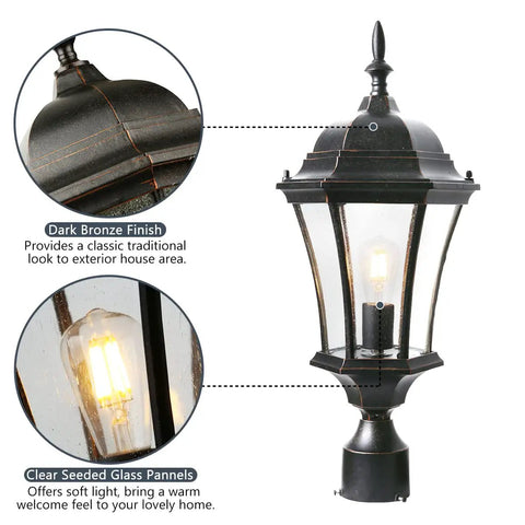 Outdoor Post Light Fixture With Pier Mount 20 Inch High Bronze Lamp Post Lantern with clear seeded glass, detailed view
