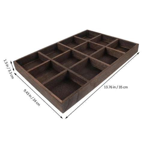 Vintage Solid Wood Jewelry Tray With 12 Spacious Compartments Smooth Edge Ring Holder And Decorative Display Plate For Keeping Your Bling Sharp And Tidy At Home, close-up of compartments and dimensions.