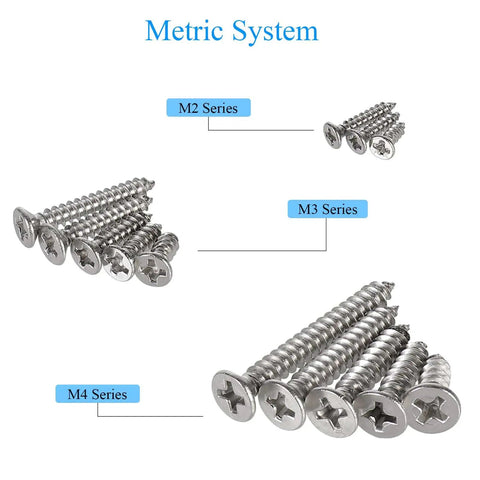 Image of 525 Piece Self Tapping Wood Screws Set M2 M3 M4 Flat Head Phillips Countersunk Screws In 304 Stainless Steel 13 Sizes