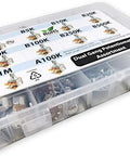 Dope 50 Piece Dual Gang Stereo Potentiometer Kit With 6 Pin Terminals in storage box showing label and contents