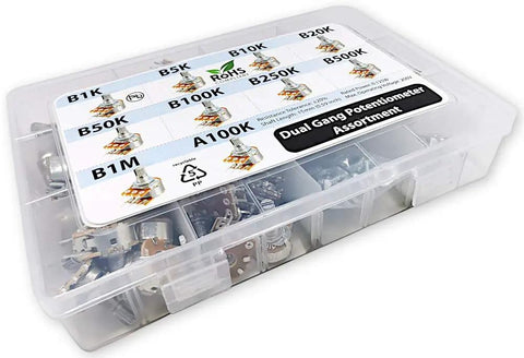 Dope 50 Piece Dual Gang Stereo Potentiometer Kit With 6 Pin Terminals in storage box showing label and contents