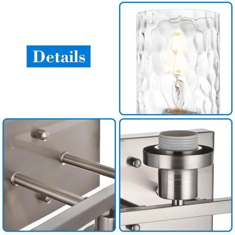 Close-up of 4 Light Brushed Nickel Wall Light Fixtures With Clear Hammered Glass Shade detailing sockets and glass texture.