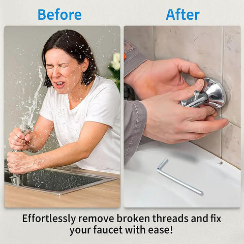 Before and after using Multifunction Broken Pipe Extractor Set For Damaged Bolts Faucets And Stripped Threads Pipe Screw Remover Kit