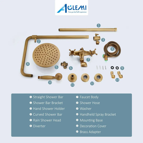 Components of Antique Brass Tub Shower Faucet Set With 8 Inch Shower Head Handheld Spray And Diverter Triple Function Mixer