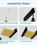 Installation steps for 6-Bin Overhead Garage Storage Rack With Heavy-Duty Ceiling Tote Rails for space-saving garage shelving system.