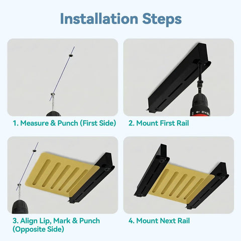 Installation steps for 6-Bin Overhead Garage Storage Rack With Heavy-Duty Ceiling Tote Rails for space-saving garage shelving system.