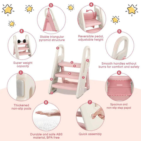 Pretty Darn Versatile Foldable Toddler Step Stool For Bathroom Sink And Kitchen Counter With Adjustable Height Settings And Safe Handles To Make Potty Training An Absolute Dream For Growing Kids In Soft Pink with stable design features.