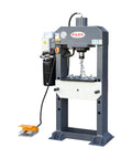 25-Ton H-Frame Hydraulic Shop Press Workhorse with Foot Pedal and Pressure Gauge, shown in professional garage setting.