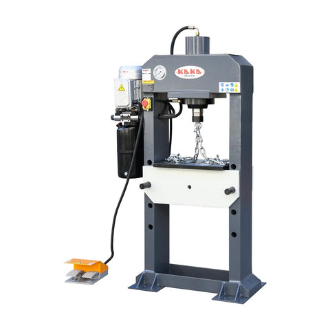 25-Ton H-Frame Hydraulic Shop Press Workhorse with Foot Pedal and Pressure Gauge, shown in professional garage setting.