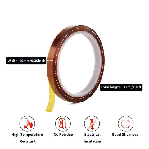 2 Rolls Heat Tape For Sublimation And Heat Press 10mm By 33m 108ft Polyimide Kapton Tape 500F with silicone adhesive