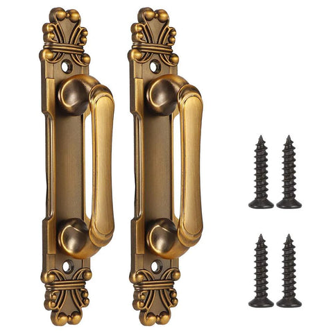 Antique European Style Two Pack Cabinet Door Pulls Set with vintage bronze zinc alloy handles for cabinets and drawers, including screws.