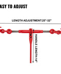 2 Pack Ratchet Tie Down Binders Set, 9215 Lbs Working Load, 3 Eighths To 1 Half Inch Chains, G70 Hooks, Adjustable Length, Red