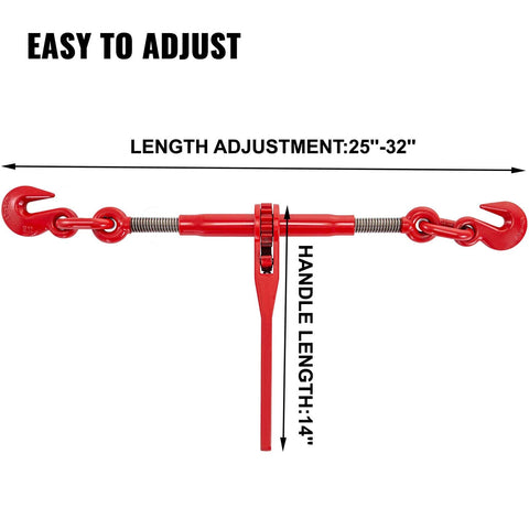 2 Pack Ratchet Tie Down Binders Set, 9215 Lbs Working Load, 3 Eighths To 1 Half Inch Chains, G70 Hooks, Adjustable Length, Red
