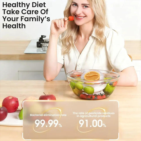 Cordless Electric Produce Washer And Veggie Scrubber Driven By Smart Electrolytic Tech And Heavy Duty Titanium Rods For A Legit Deep Clean On Fresh Fruit Rice And Cookware Daily in a bowl of water with fruits.