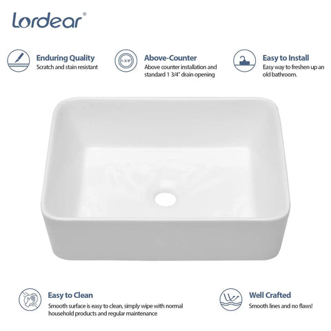 No Cap Quality Rectangular Vessel Sink, White Porcelain Countertop Bathroom Vanity Basin, 19 By 15 Inch Above Counter view showing smooth lines.