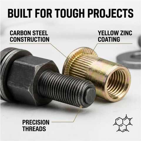 Premium Head Rivet Nut Tool Kit For Professionals And DIYers M3 To M12 With 55 Pieces Mandrels Fasteners Steel Inserts Perfect For Sheet Metal Jobs Auto Repair And Home Projects You Gotta Get This Heavy Duty Set, carbon steel rivet nut insert with yellow zinc coating and precision threads