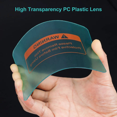 Tough As Nails Welding Helmet Outer Cover Lenses No Fuss Polycarbonate Replacement Shields For Darkening Filters Heavy Duty Heat Block, clear lens in hand.