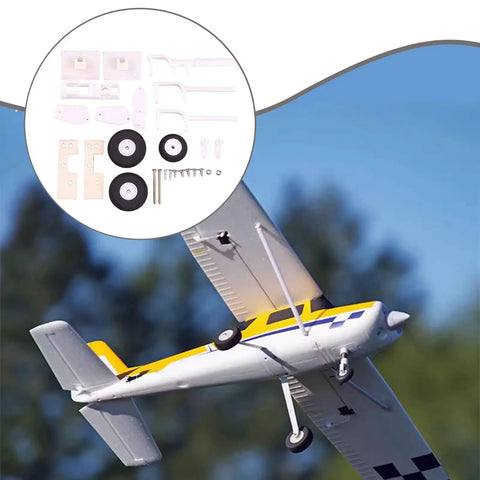 RC Airplane Landing Gear Kit With Shock Absorbing Nylon Fittings, plane in flight, kit components, and detailed parts view