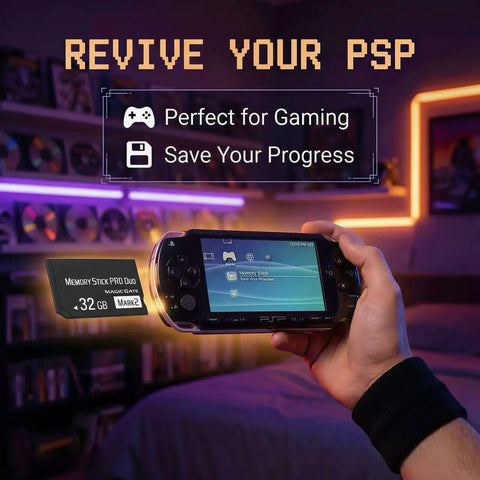 Person holding PSP with 32GB Pro Duo Memory Stick Mark 2 For PSP 1000 2000 3000 And Digital Cameras High Speed Storage Card