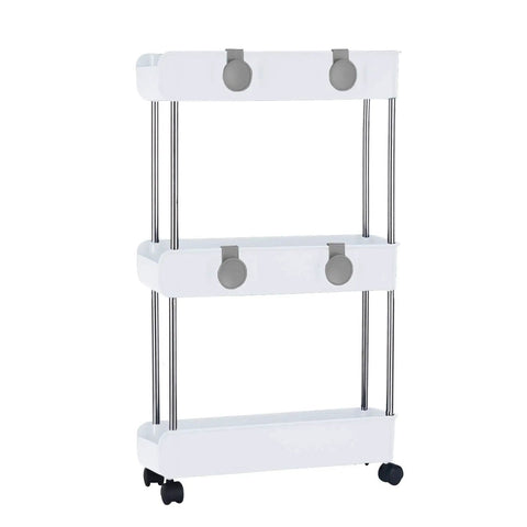 Sleek 3 Tier Slim Rolling Storage Cart With Slide Out Shelves For Tight Squeezes in pure white, three tier design with wheels.