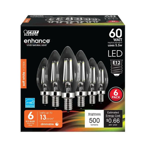 Box of 60W Equivalent Dimmable E12 Candelabra LED Bulb With 2700K Soft White Filament Torpedo Tip, Clear Glass, Pack Of 6