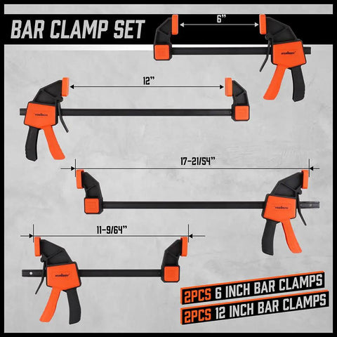 Straight Up Badass Six Piece Wood Clamping Kit Featuring Quick Release Bar Grips And Heavy Duty Spring Tools for various clamp sizes.