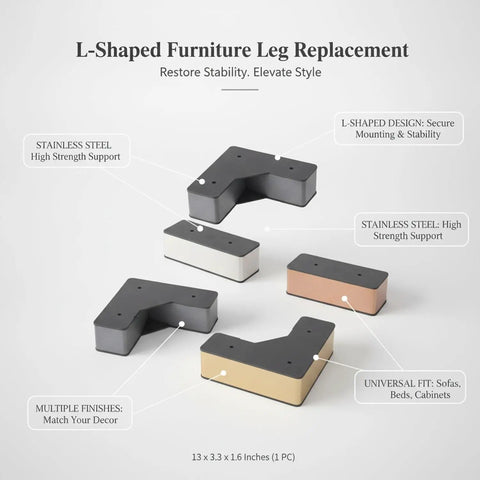 L Shaped Furniture Leg Replacement With Stainless Steel Support, 13x3.3x1.6 inches, multiple finishes for sofas and cabinets